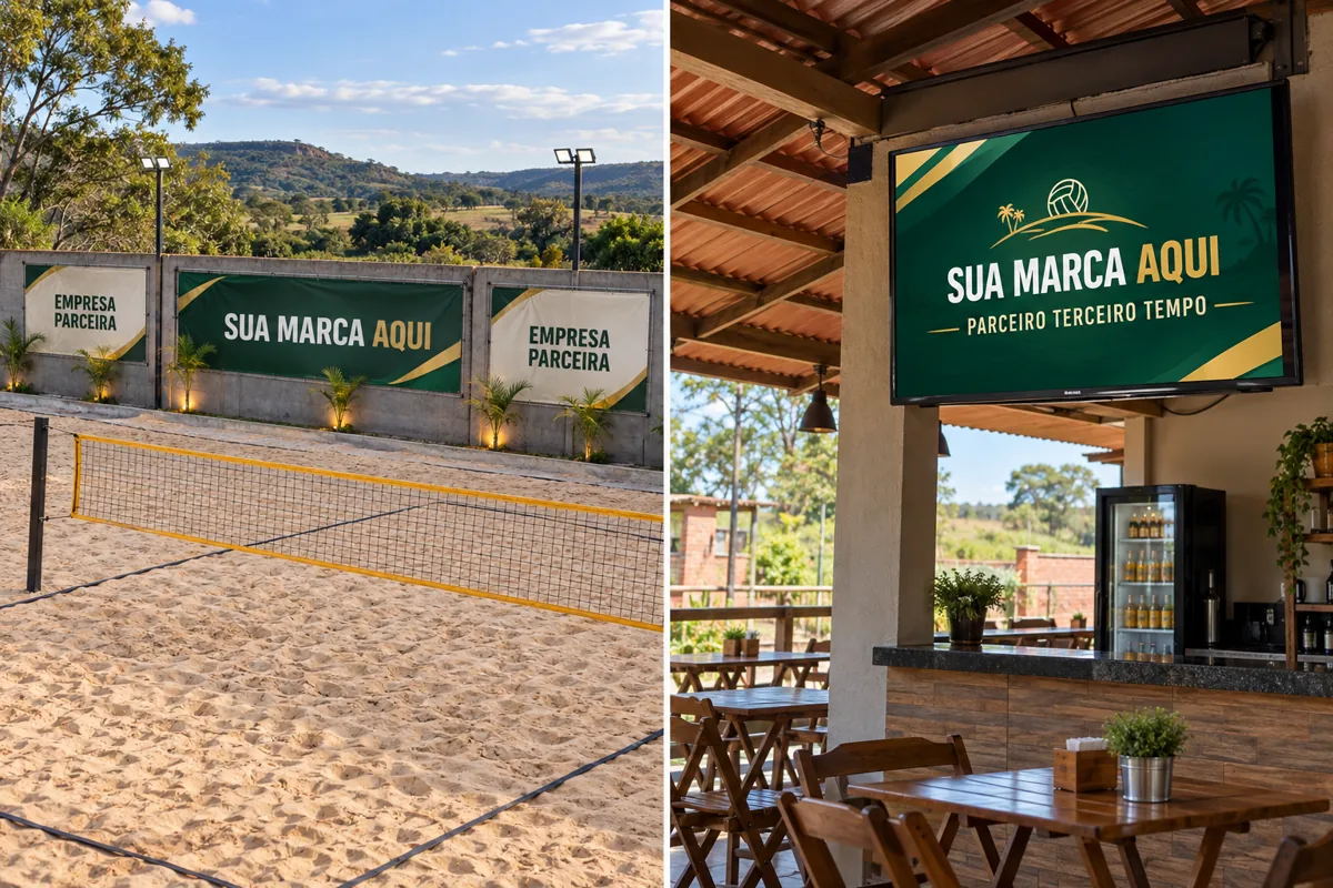 Simulação de banners de patrocinadores na quadra e divulgação na TV do bar